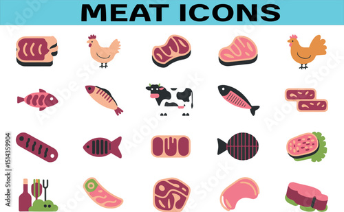 Colorful vector icons of various meat cuts and poultry elements for culinary and food designs