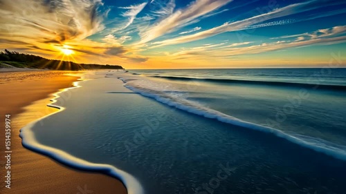 Golden Hour Serenity Tranquil Waves Kissing the Sandy Shore at Sunset