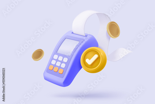 3D bill payment with credit card and financial for online shopping, payment credit card with alert notification. Invoice transaction with credit card reader. 3d receipt vector icon render illustration