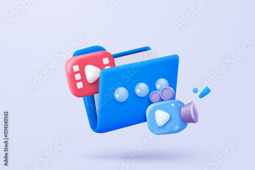 3d folder and paper for management multimedia movie file, paperwork multiple signs on database. Image and video document minimal folder icon. 3d cinema icon vector render illustration