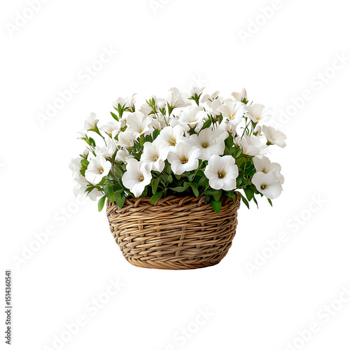 A woven basket filled with white flowers isolated on a transparent background, in a PNG format