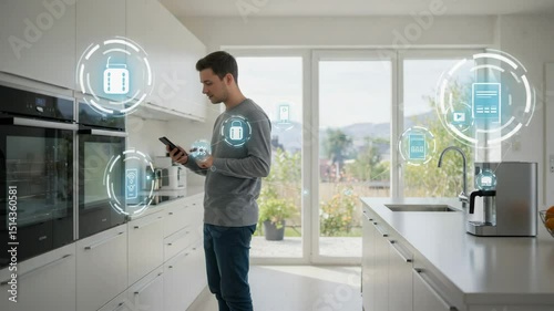 Man using smartphone to control smart home appliances in modern kitchen