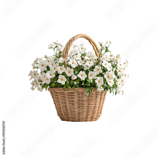 A woven basket filled with white flowers isolated on a transparent background, in a PNG format