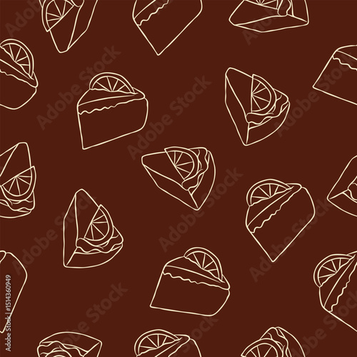 Cake Slice Seamless Pattern on Dark Brown Background.