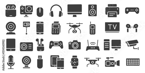 Devices flat style set. Electronic device and gadgets icons for web, mobile app. Smart devices, drone, technology, computer monitor, smartphone, tablet, laptop. Vector illustration. Isolated