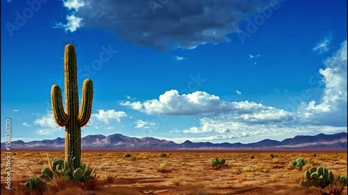 Open sandy beach with tall cactus and fluffy clouds in a clear blue desert sky
