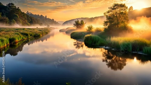 Golden Sunrise Over a Serene River Valley with Gentle Mist and Lush Vegetation