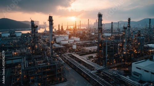Expansive industrial area showcasing large factories, machinery, and infrastructure under a clear blue sky