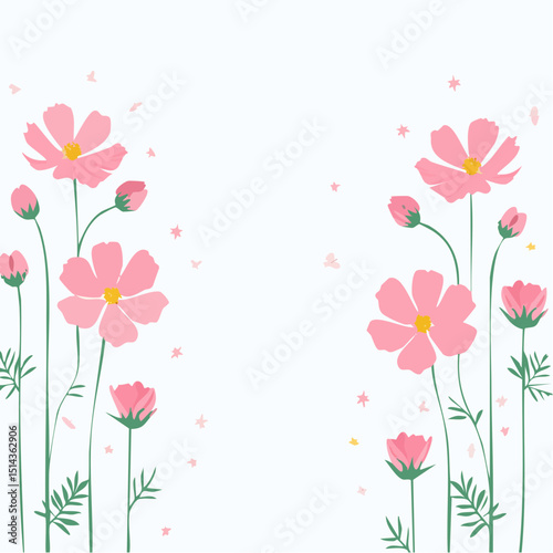 A symmetrical cosmos flower border with soft color and plenty of open space, great for stationery or spring branding.
