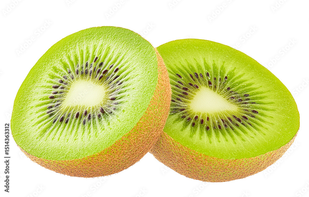 Fototapeta premium Two halves of a fresh kiwi fruit isolated on transparent PNG