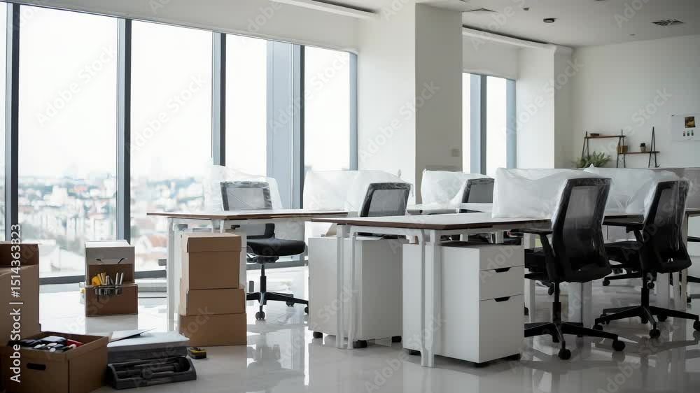 Office space preparation with unpacked boxes and organized workstations during office relocation