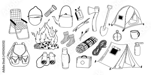 Wallpaper Mural Hand drawn black and white doodle style vector illustration featuring a collection of isolated camping elements.  Line icons on white background. Torontodigital.ca