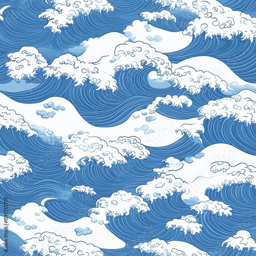 Japanese traditional blue ocean wave seamless pattern with line for textile, card, poster, wallpaper, png with white background
