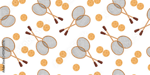 Flat style hand drawn vector horizontal pattern featuring tennis rackets and balls on a white background, perfect for sports themed designs.