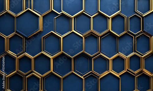 Luxury art deco seamless pattern with gold hexagon and striped line on blue background . illustration