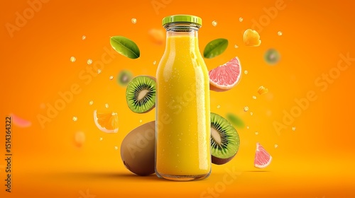 Vibrant Fruit Juice Bottle with Fresh Ingredients and Bright Background