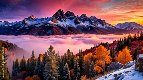 Majestic Mountain Peaks at Sunrise with Autumn Colors and Fog