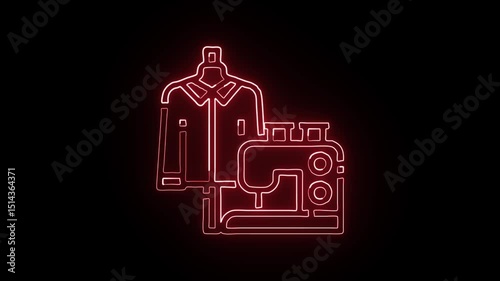 Glowing neon sewing machine icon animation with black background. HD animated outline stitching tool symbol video loop

