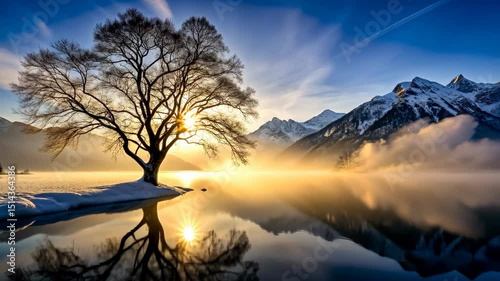 Serene Winter Sunrise A Tranquil Landscape of Snow, Lake, and Majestic Mountains