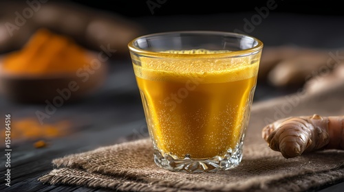 Golden Turmeric Drink in Glass with Fresh Roots and Spice Background