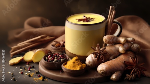 Warm Golden Milk with Spices in a Cozy Setting for Health and Wellness