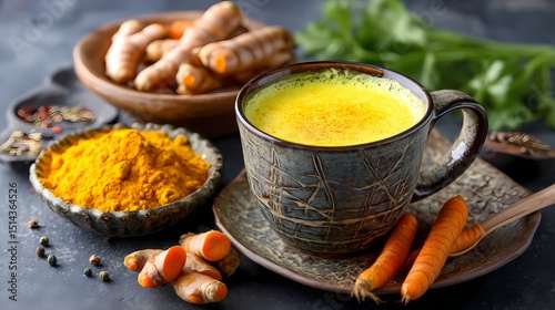 Golden Turmeric Latte with Fresh Ingredients and Spices on Table