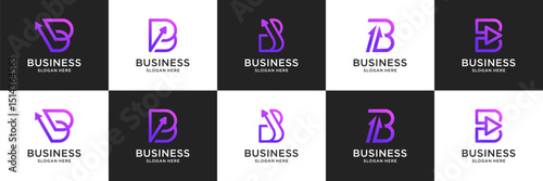 Set of abstract letter B arrow logos. Modern minimal initial B usable for business, financial and technology.