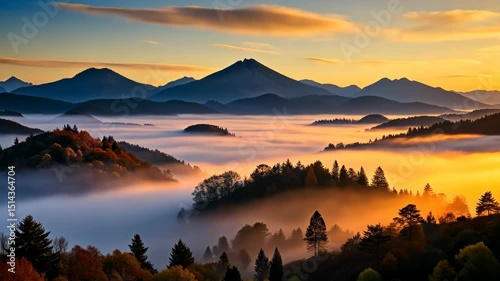 Majestic Sunrise Over Foggy Mountain Valley With Colorful Autumn Trees