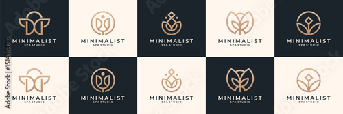 Set of beauty spa logos and icons set. Minimalist elegant flower floral logo usable for cosmetics, salon and spa.