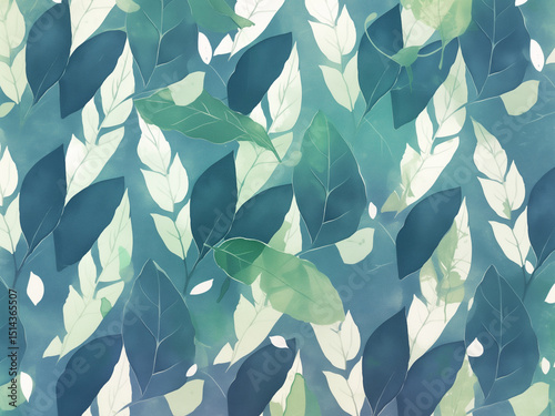 癒やしのグリーンボタニカル - 水彩風の葉っぱ模様シームレス背景