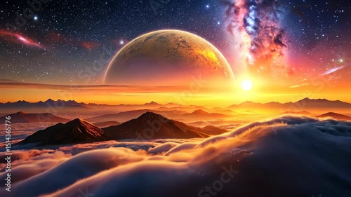 Sunrise over a mountain range on an alien planet with a large moon and nebula