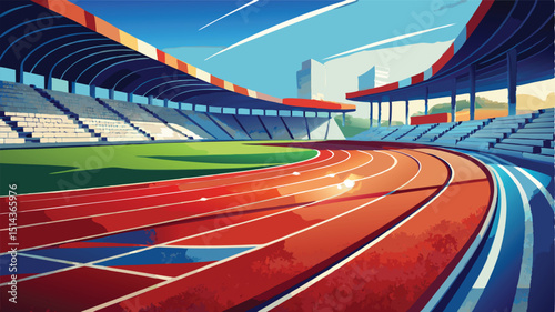 Red running track with stadium seats under urban night lights