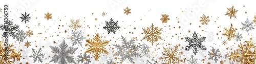 Christmas and Happy New Year snowflake seamless border, festive ornate style repeat backdrop with grey and gold snowflake and star confetti isolated on white background, png white