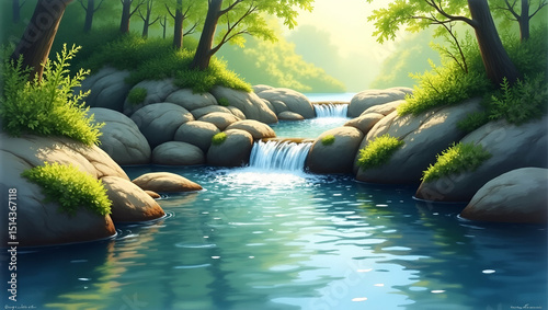 High Resolution Photo of a Serene Mountain Spring Emerging from Mossy Rocks Under Forest Canopy with Sunlight Reflections - Perfect for Nature and Ecosystem Themes