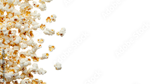 A close up shot of popcorn on the left side of the frame   with copy space isolated on transparent background