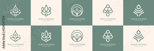 Minimalist yoga logos and icons set. Graphic design elements in outline style usable for yoga studio, fitness ana spa center.
