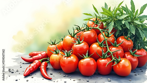 Close-up of vibrant heirloom tomatoes, chilies, and fresh herbs at a produce stand, bathed in soft natural light, perfect for healthy food imagery with space for text.