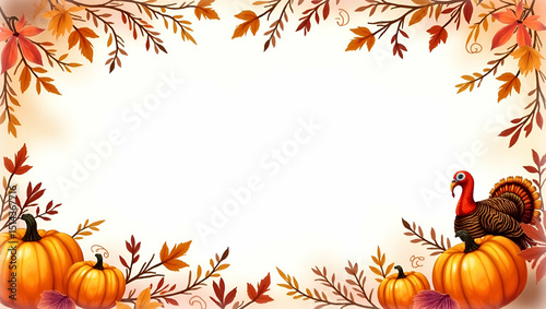 Photo Realistic Thanksgiving Feast Border with Turkey and Pumpkins - Perfect for Holiday Invitations and Seasonal Greetings with Ample Copy Space