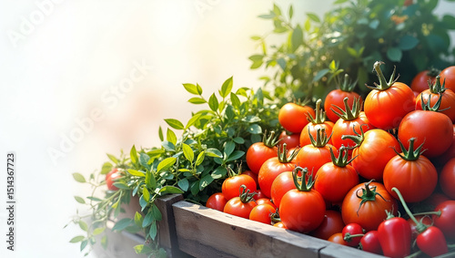 Vibrant Heirloom Tomatoes, Chilies, and Fresh Herbs: A Close-Up of a Colorful Produce Stand in Natural Light - Perfect for Healthy Food Stock Imagery with Space for Text