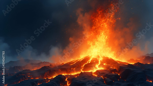 High-Speed Capture of Erupting Lava Burst: Stunning Stock Photo of Incandescent Fragments Against Dark Night Sky with Space for Text