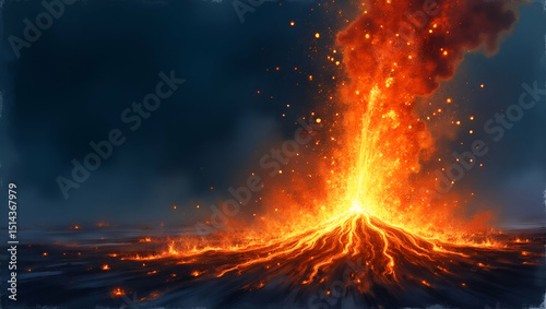High-Speed Capture of a Volcanic Lava Burst Erupting at Night: Incandescent Fragments Against Dark Sky - Photo Stock Concept with Empty Space