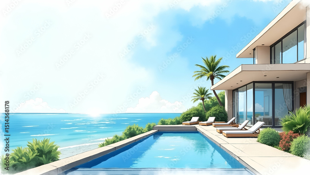 Fototapeta premium beachfront luxury villa exterior featuring glass walls opening to private infinity pool landscaped garden and unobstructed ocean vistas under clear blue skies in Photo Stock Concept and empty space
