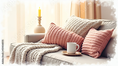 Cozy Living Room Scene for Moms: Plush Knitted Throw Pillows, Soft Candlelight, and Warm Tea Mug on Sofa - Inviting Home Comfort Imagery with Empty Space
