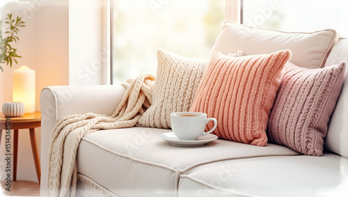 Cozy Living Essentials for Moms: Plush Knitted Throw Pillows, Soft Candlelight, and Warm Tea Mug on Sofa - Inviting Home Comfort Imagery in Photo Stock Concept