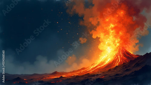 High-Speed Capture of a Lava Burst Erupting from a Volcanic Vent: Incandescent Fragments Scatter Against the Night Sky - Photo Stock Concept with Empty Space