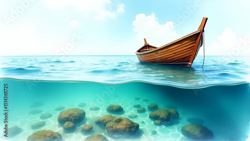 Close-Up of Wooden Boat Prow in Turquoise Lagoon: Vibrant Coral Reefs Beneath Transparent Waters - Ideal for Travel and Nature Photography