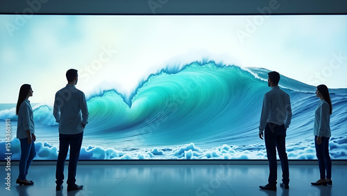 Realistic 3D Render of Scientists Monitoring Tsunami Simulation: Wave Generation Models & Coastal Impact Projections on Large Display Wall - Photo Stock Concept with Empty Space for Text