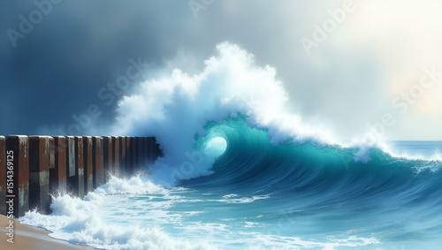 Giant Wave Disaster: Close-Up Long Lens Shot of Cresting Wave Colliding with Seawall, Explosive Spray Over Barriers, Dark Horizon, Photo Stock Concept, Empty Space Left