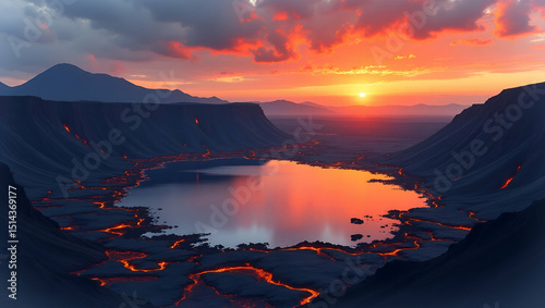 High resolution photograph capturing dramatic volcanic scenery with glowing lava fields reflected in adjacent crater lake at dusk under fiery horizon in  Photo Stock  Concept  and empty space on the l
