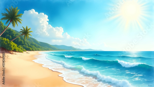 Vibrant Sunny Coast: Radiant Light & Sparkling Ocean Vistas for Premium Travel Stock - Perfect for Lifestyle Promotions with Left Space